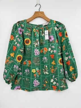 Loft Emerald Botanical Nature Fall Sunflower Insect Puff Sleeve Satin Blouse XS